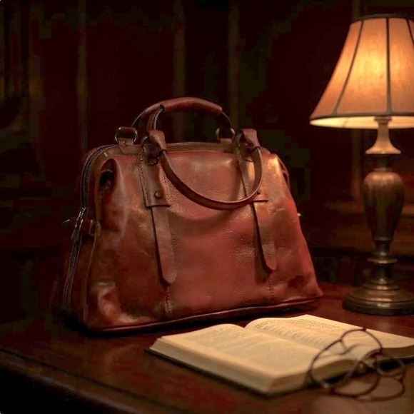 Mahogany LEATHER doctor bag/handbag. Versatile styling w/scarf shoulder strap. - Picture 3 of 13